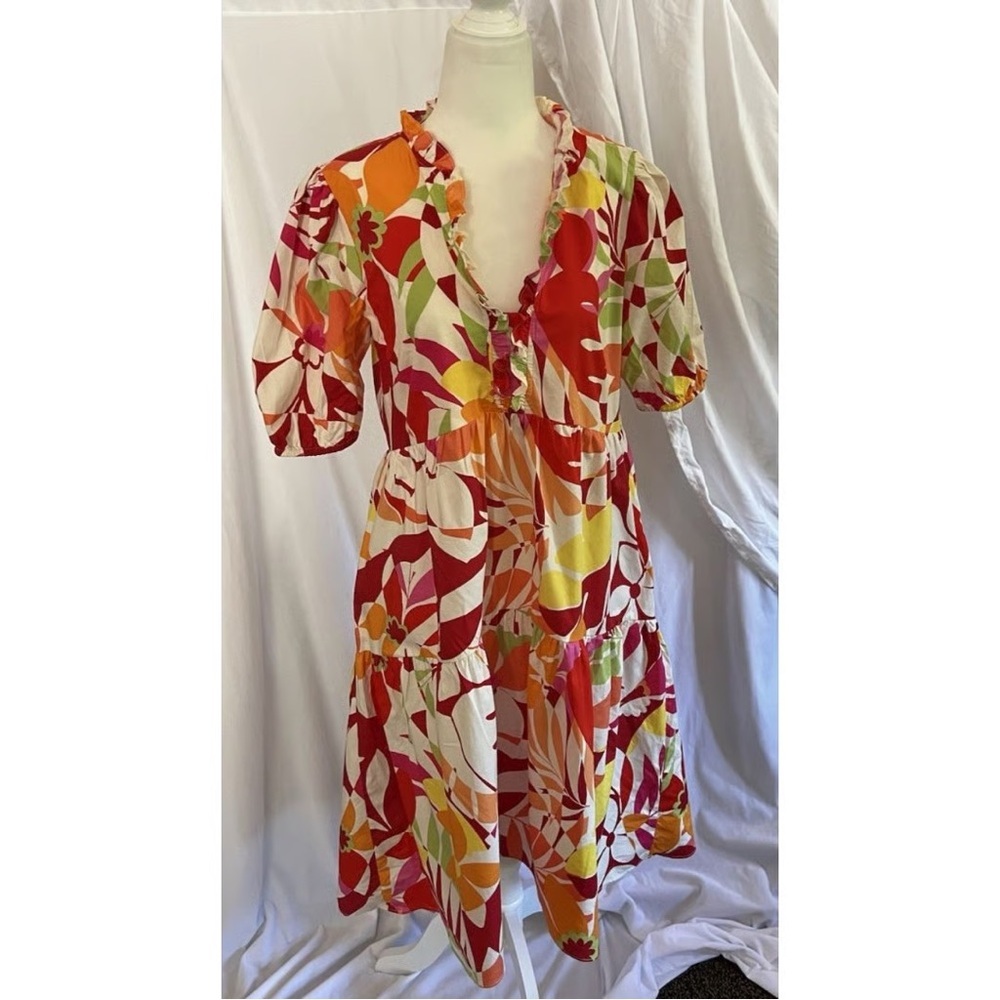 London Times Tropical Floral Tiered Puff Sleeve Mini Dress Resort Size 12